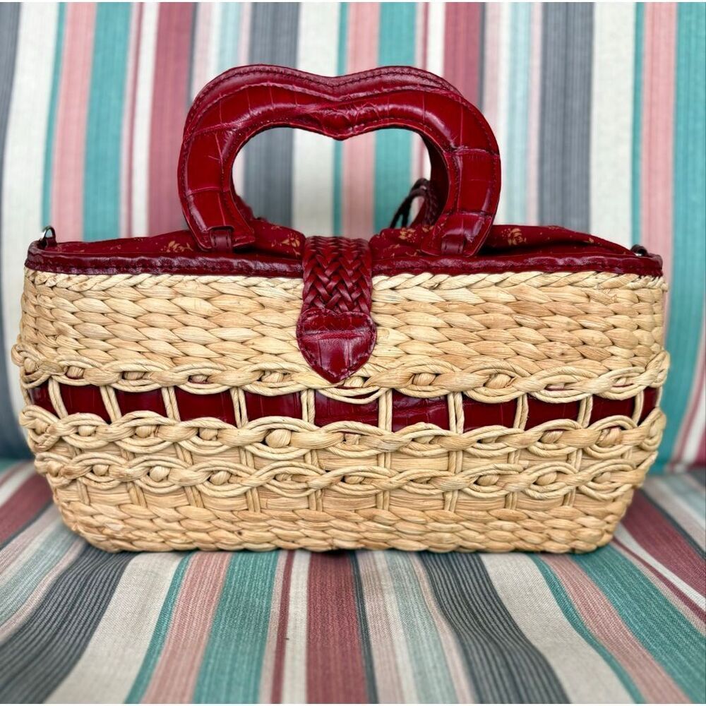 BRIGHTON Vintage "Marilyn" Woven Heart Satchel/Red Croco-Embossed Leather Trim - Picture 13 of 14
